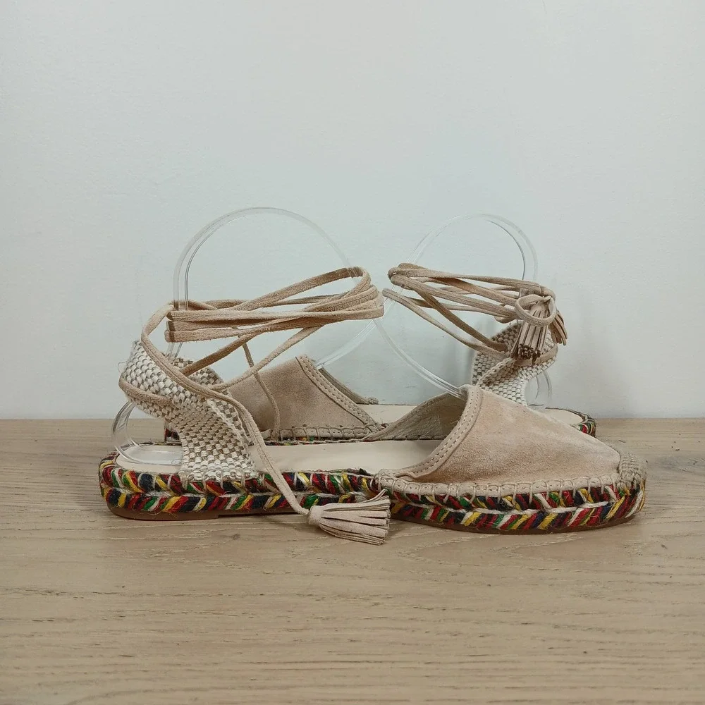 J. Crew Espadrille Women 9 Tan Suede Lace Up Ankle Tie Boho Coastal Summer